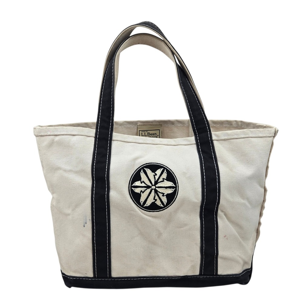 Vtg 90s LL Bean Boat and Tote Canvas Bag Embroidered Navy Cream 13x11x6 READ